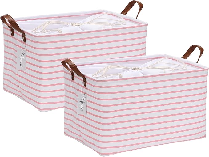 Hinwo 31L Large Canvas Storage Bin with Lid and Handles, 2-Pack | Collapsible Fabric Baskets, Closet Shelf Organizers, Containers for Clothing, Blankets, Toys, Bedding (Pink Stripe) by Hinwo