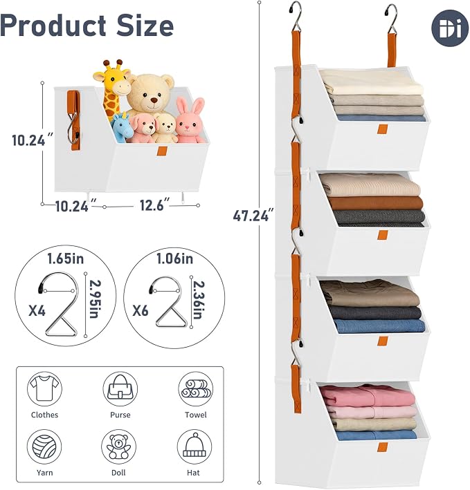 DIMJ Hanging Closet Organizer - 4 Tier Collapsible Hanging Shelves with Hooks Zipper, Fabric Clothes Organizer, Space-Saving Storage Bin Basket for RV, Bedroom, Laundry Organization - Image 3