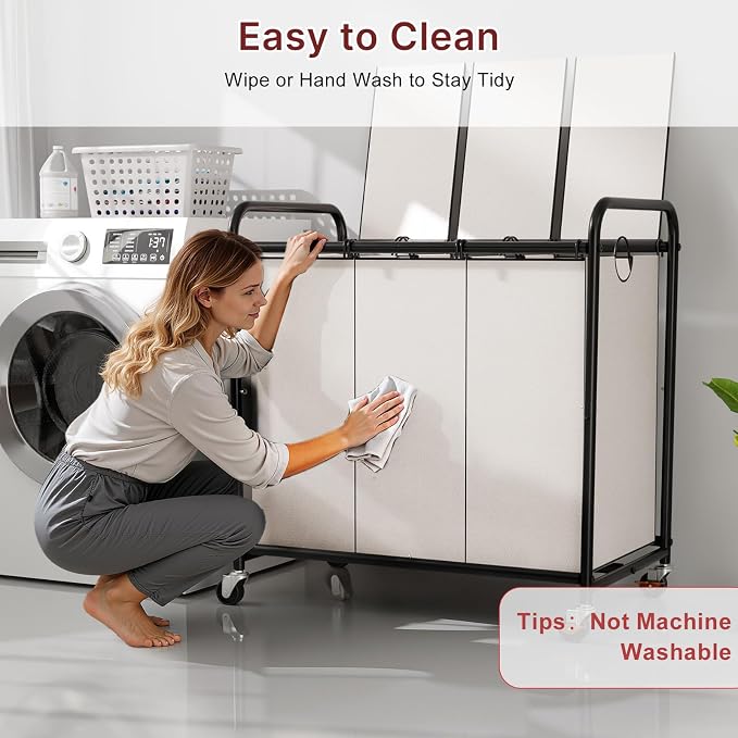 180L Laundry Sorter 3 Section with Lockable Wheels and Lid White | 3 Large Separate Removable Bags | Heavy Duty Rolling Laundry Basket | Laundry Hamper Cart for Laundry Room Organizer - Image 7
