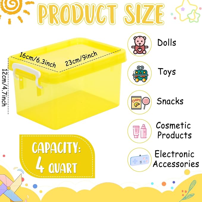 6 Pack 4 Quart Colorful Plastic Storage Bins with Lids Stackable Storage Bins with Latching Lids Handle Clear Colored Storage Organizer Bins for Home Office Pantry Containers(Yellow) - Image 2
