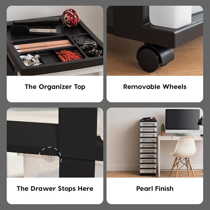 IRIS USA 10-Drawer Rolling Storage Cart, Black/Pearl | Keep classroom supplies, teacher essentials, craft materials, and learning tools organized with easy-access drawers. - Image 8