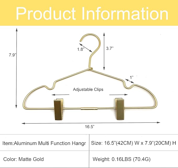 Premium 16.5” Matte Gold Metal Clothes Clips Hangers, Heavy Duty Skirt Slack Hangers, Metal Rack for Trousers Non Slip Clips, Clothes Hanger Display and Storage, 30 Pack - Image 2