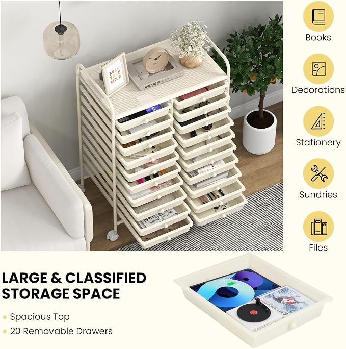RELAX4LIFE 20-Drawer Rolling Storage Cart - Mobile Rolling Cart w/Drawers for School Classroom Teacher Office Home Salon, Paper File Art Supply Craft Organizer, Utility Cart on Wheels (Ivory) - Image 4