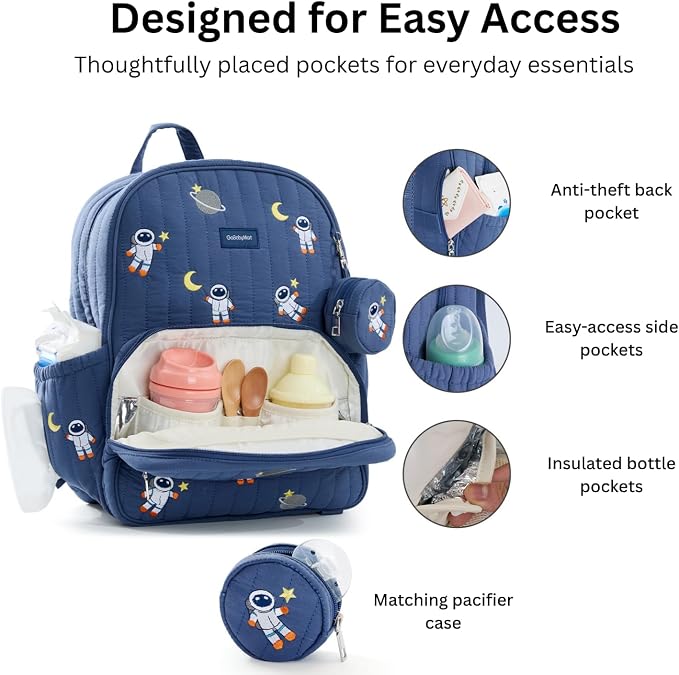 Large Diaper Bag Backpack with Changing Pad, Insulated Bottle Pockets, Travel & Hospital Bag for Mom & Dad (Large - Navy Astronauts) - Image 2