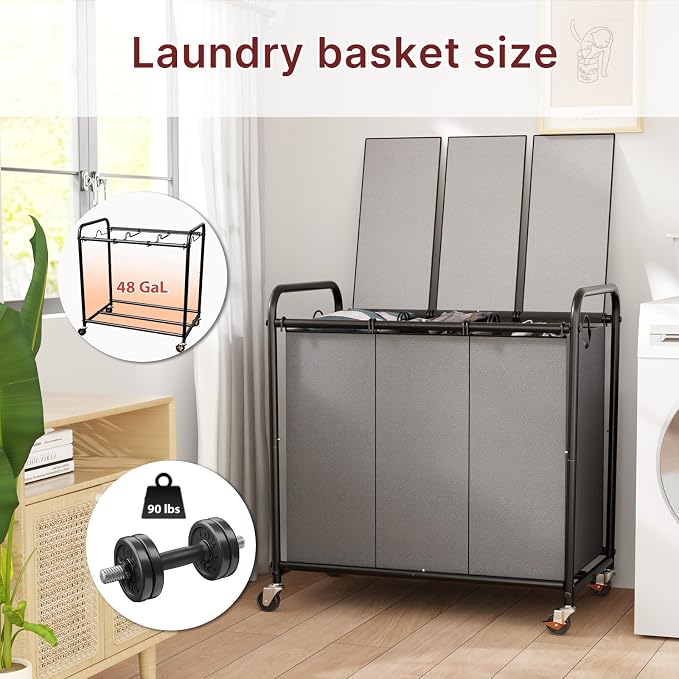 180L Laundry Sorter 3 Section with Lockable Wheels and Lid Grey | 3 Large Separate Removable Bags | Heavy Duty Rolling Laundry Basket | Laundry Hamper Cart for Laundry Room Organizer - Image 2