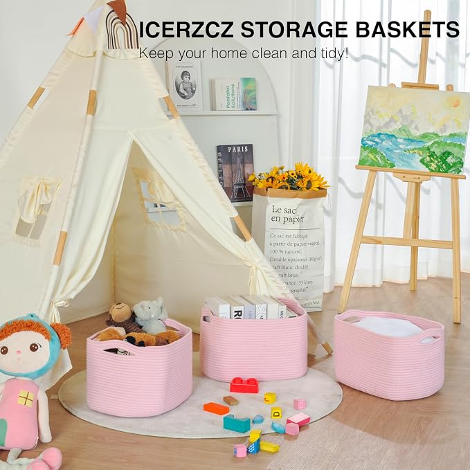 ICERZCZ Storage Baskets for Organizing Shelves, Pink Basket for Nursery, Woven Cotton Rope Baskets for Storage, Towel Basket for Bathroom, 15"x11"x9.5", 3 Packs, Light Pink - Image 6