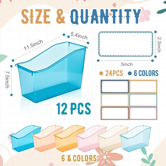 Geetery 12 Pcs Book Bin for Classroom with Labels Stackable Plastic Organizing Bins 11.5 x 5.4 x 7.5 in Book Holders Storage Bins Box Baskets for Classroom Library Home (Semitransparent) - Image 2