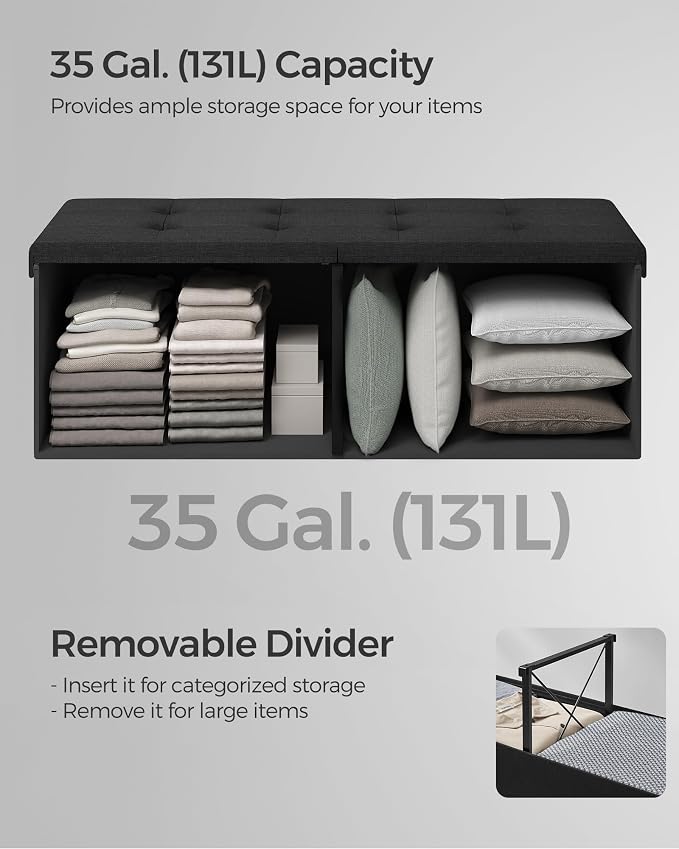 SONGMICS Mazie Collection - 43 Inches Storage Ottoman, Foldable Storage Bench with Flipping Lid, 660 lb Load Capacity, for Entryway, Living Room, Bedroom, Ink Black ULSF076B01 - Image 5