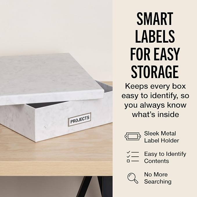 Bigso Oskar Fiberboard Label Frame Document Letter Box for Important Paperwork A4 or Letter Size - Durable Keepsake Box with Lid and Metal Label Holder - 3.3in x 10.2in x 13.8in - Marble - Image 5