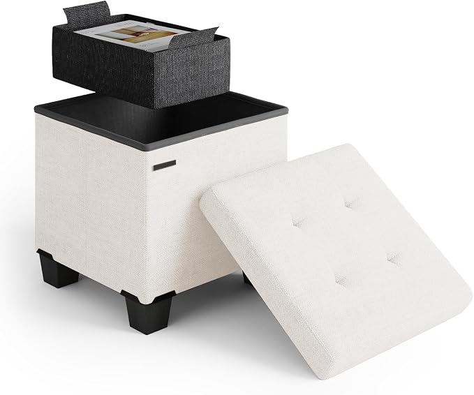 Storage Ottoman Cube with Small Bin, 15-in Square Ottoman with Storage for Living Room and Bedroom, Small Ottomans Foot Rest, Fabric Foot Stools Ottomans Max 330lbs, Cream by STORAGEBUD
