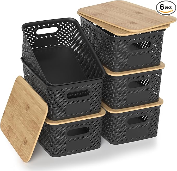 Plastic Storage Bins with Bamboo Lids, Stackable Small Box Baskets for Organizing and Containers for Shelves Drawers Desktop Closet Pantry Classroom Office Home, 6 Pack 10.2x7.2x4.1 Inch, Black by ZFTMRR