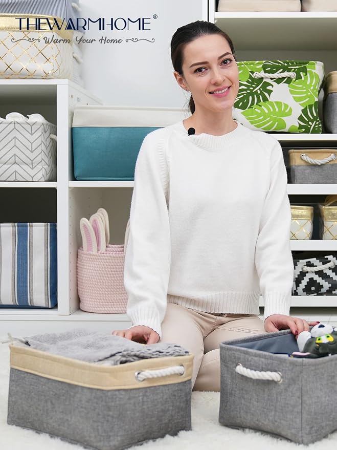 Decorative Basket Rectangular Fabric Storage Bin Organizer Basket with Handles for Clothes Storage (Gold&Grey, Medium-1Pack,13.8L*9.8W*6.7H) - Image 2
