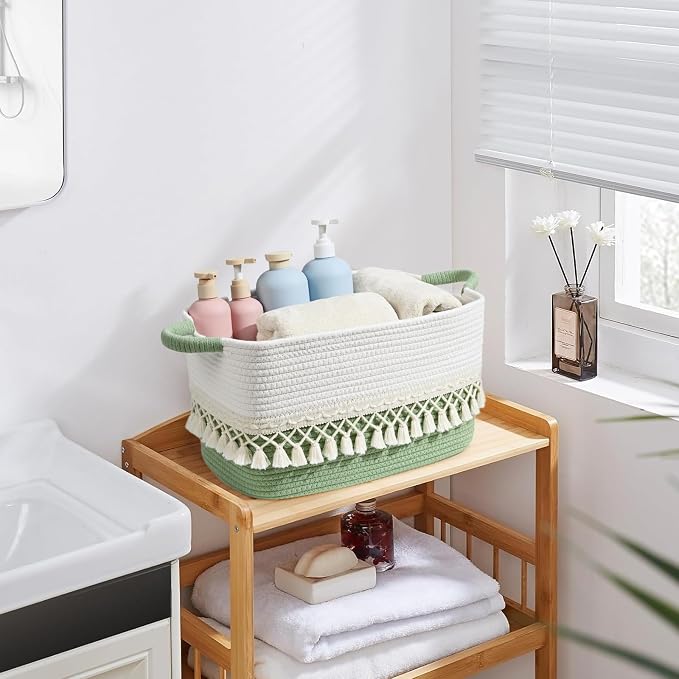 2 Pack Storage Basket, Heavy Tassel Woven Baskets for Storage, Boho Cotton Rope Storage Bin, Cube Organizer Bins, Baby Laundry Basket for Clothes, Toys, Diapers, Pets（White & Green） - Image 6