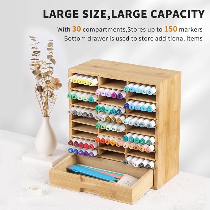 AUTOARK Bamboo Marker Organizer for 150 Markers,AHK-060 | Desktop Storage with Drawers,Art Markers Pens Pencils Brushes - Image 3