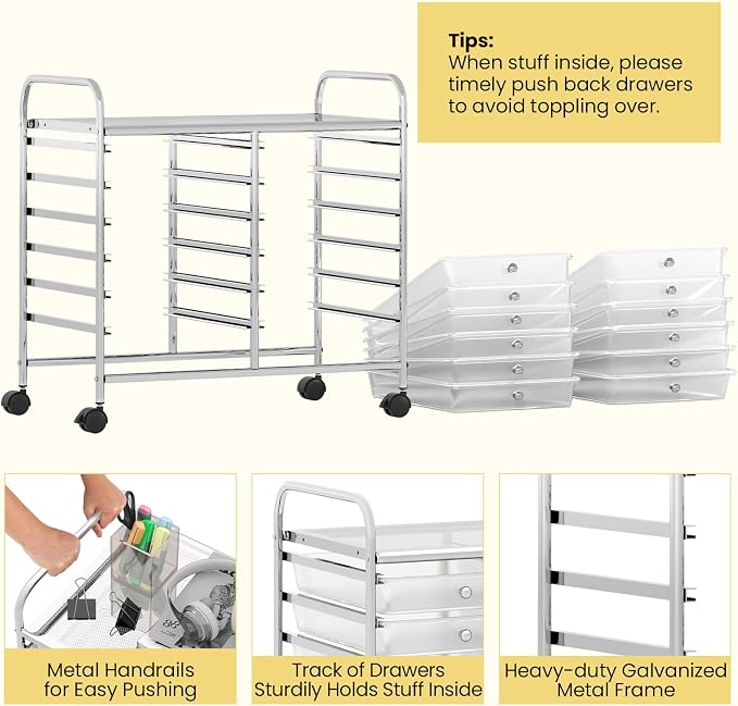 Giantex 12 Drawers Rolling Cart, Mobile Storage Drawer Cart, Classroom Organizer Cart for Office School Supplies Tools Scrapbook Paper Craft Small Printer, Utility Cart on Wheels, Clear - Image 6