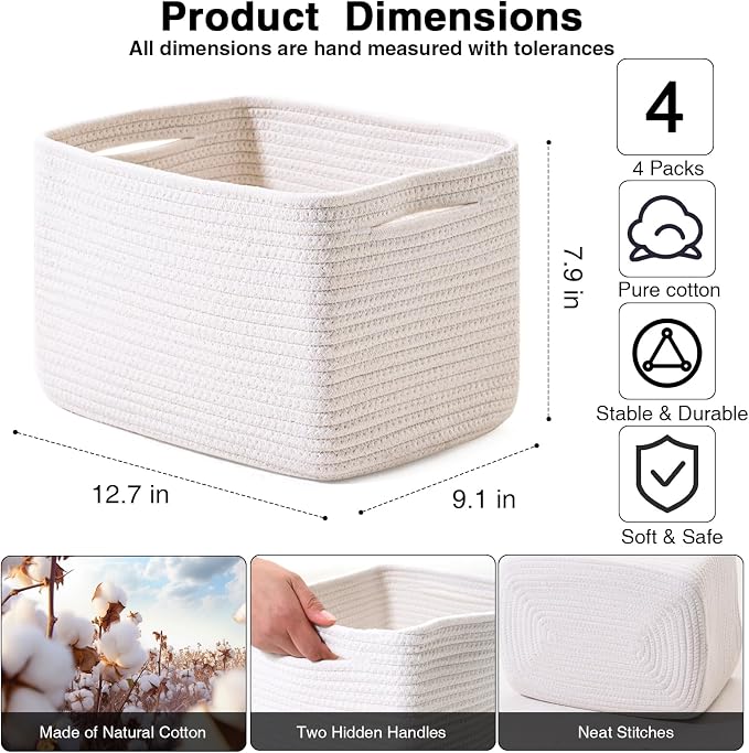 White Storage Baskets for Organizing, Woven Storage Baskets for Shelves, Cotton Rope Basket for Storage, Cute Rectangular Book Toy Basket, 12.7"×9.1"×7.9", 4 Packs, Off White - Image 2