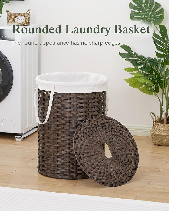 SETVSON Laundry Basket with Lid Round Rattan PE Laundry Hamper, Brown | 110L Large Woven Basket with Lid, Removable Washable Liner Bag, 2 Mesh Laundry Bags, Side Handles for Easy Carrying - Image 2