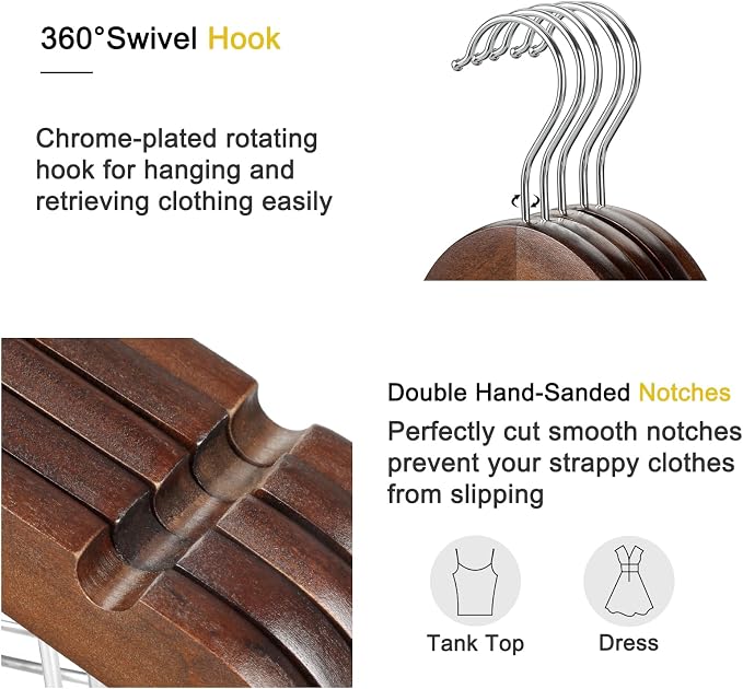 TOPIA HANGER Wooden Suit Hangers with Adjustable Metal Clips (10 Pack), Solid Wood Clothes Hangers, 360° Swivel Hook, Premium Retro Finish Pants Hangers for Clothes Coat, Jeans, Blouse-CT28A - Image 5