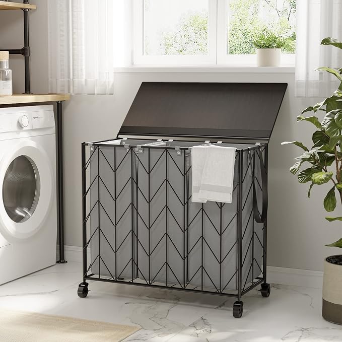 WOWLIVE Laundry Hamper 3 Section with Lid, 142L Laundry Basket with Wheels | Rolling Dirty Clothes Hamper with Removable Bags, Large Iron-Made Laundry Basket Organizer Laundry Sorter for Dorm, Grey - Image 2