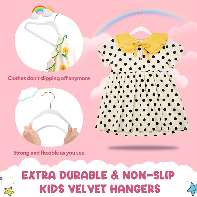 HOUSE DAY Velvet Kids Hangers 120 Pack, Premium Children Hangers for Closet | White Ultra Thin Cute Kids Clothes Hanger, Small Non Slip Felt Hanger 14 Inch for Toddler Clothes +360° Swivel Rose Gold Hook - Image 3