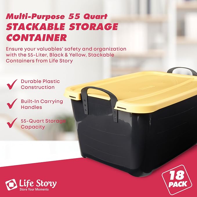 Life Story 12 Pack Heavy Duty Stackable Storage Bin, 55 Quart Home Organizer, Versatile Lightweight Locking Bins with Carrying Handles, Black/Yellow - Image 2