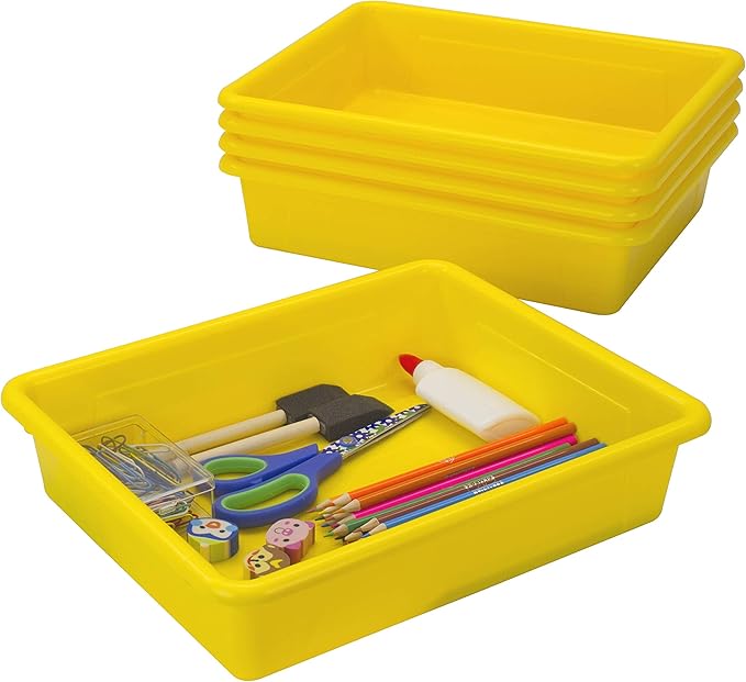 Storex Letter Size Flat Storage Tray – Organizer Bin for Classroom, Office and Home, Yellow, 5-Pack (62519A05C) by Storex