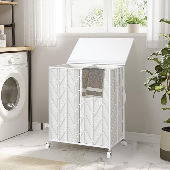 WOWLIVE Double Laundry Hamper with Lid, Rolling Laundry Basket with Wheels | Heavy Duty Wire Clothes Hamper with Divided Removable Bags, Large Iron-Made Laundry Sorter Laundry Room Organization, White - Image 4