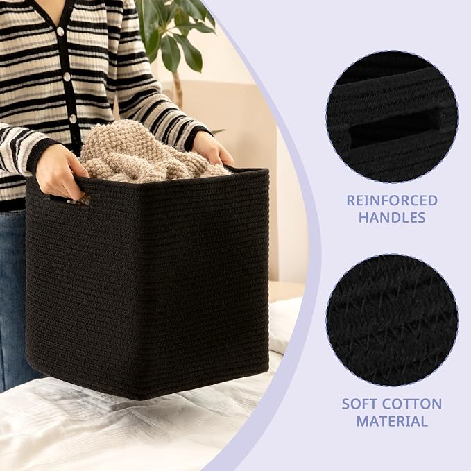 OIAHOMY 2 PACK Cube Storage Bin 13 Inch Collapsible Storage Cube Black | Cube Storage Organizer Storage Bins for Shelves Baskets for Organizing Woven Rope Storage Baskets - Image 3