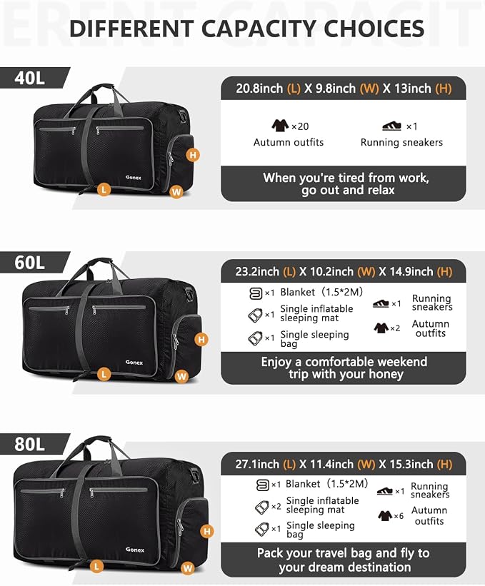 Gonex 150L Foldable Travel Duffle Bag with Shoe Compartment, Lightweight | 210D Nylon, Water-Repellent, Folds Compact, Multiple Pockets, Luggage Sleeve, Family Travel & Camping, Black - Image 5