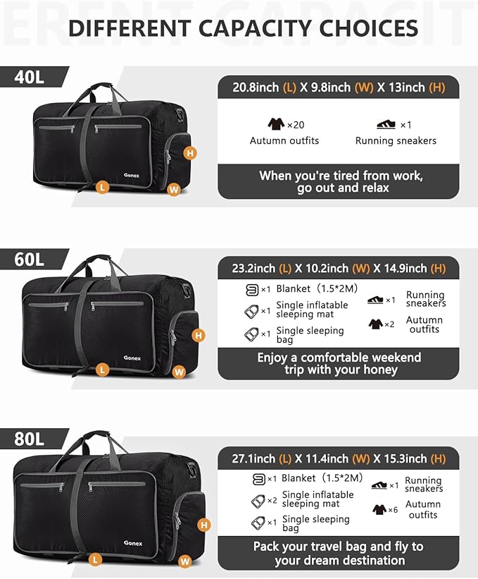 Gonex 80L Foldable Travel Duffle Bag with Shoe Compartment, Lightweight | 210D Nylon, Water-Repellent, Folds Compact, Multiple Pockets, Luggage Sleeve, Weekend Trips & Camping, Black - Image 4