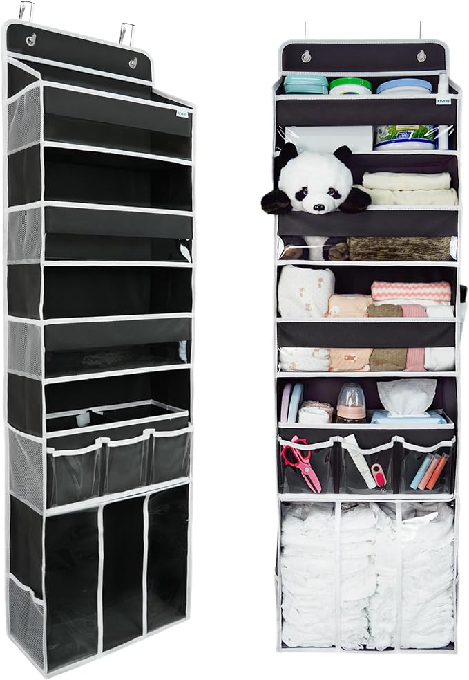 Door Hanging Storage Organizer,with 3 Bins 1 Movable Baby Diaper Caddy,1 Large capacity diaper stacking storage Organizer,10 Side Pockets ,Bedroom Door Storage for Nursery Baby Essentials. (Dark grey) by EZVERY