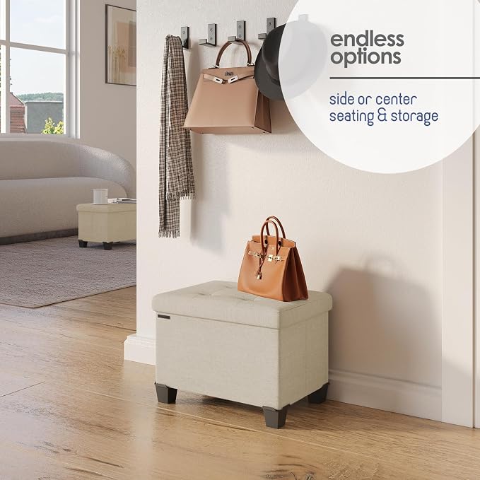 Storage Ottoman Cube with Small Bin, 16-in Square Ottoman with Storage for Living Room and Bedroom, Small Ottomans Foot Rest, Fabric Foot Stools Ottomans Max 330lbs, Beige - Image 6