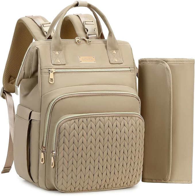AIJIEKE Large Diaper Bag Backpack, Extra Wide Travel Diaper Bag, Khaki | Multi-functional waterproof maternity bag. Changing pad, stroller straps, insulated wet/dry pocket. Mom, dad, toddler travel by AIJIEKEDirect