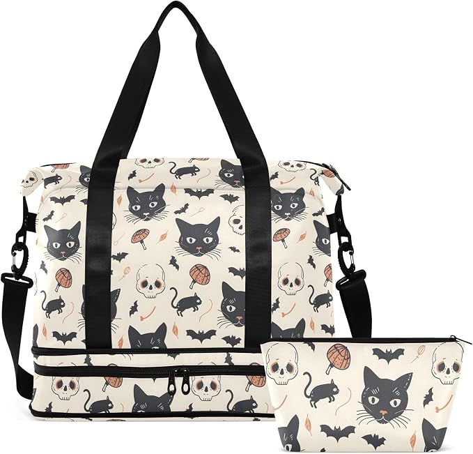 Travel Duffel Tote Bag Cat and Skulls Sports Duffel Bag with Wet Pocket Weekender Overnight Bag for Women Men Gym Bag, Carry On Bag Hospital Bag for Labor and Delivery by MNSRUU