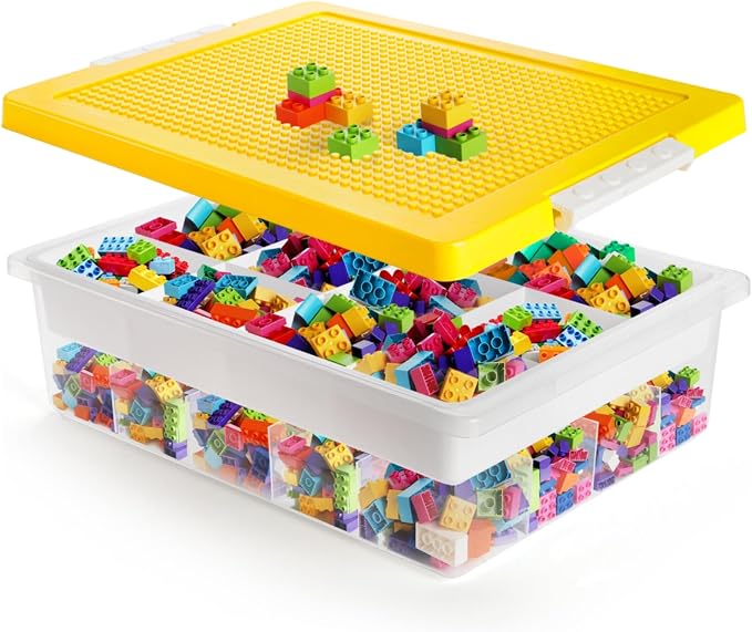 Building Block Organizer Bin, Building Baseplate Lid | Double Layer Plastic Brick Storage Box, Stackable Art Crafts Container with Removable Divided Tray for Home, Office, Yellow by Acshio
