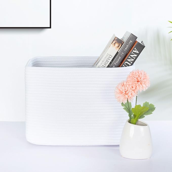 3-Pack Decorative Woven Storage Baskets for Shelves, Cube Bin Box for Organizing Books, Shoes, Dog Toys, Pantry Closet and Living Room Organizer, Full White - Image 2