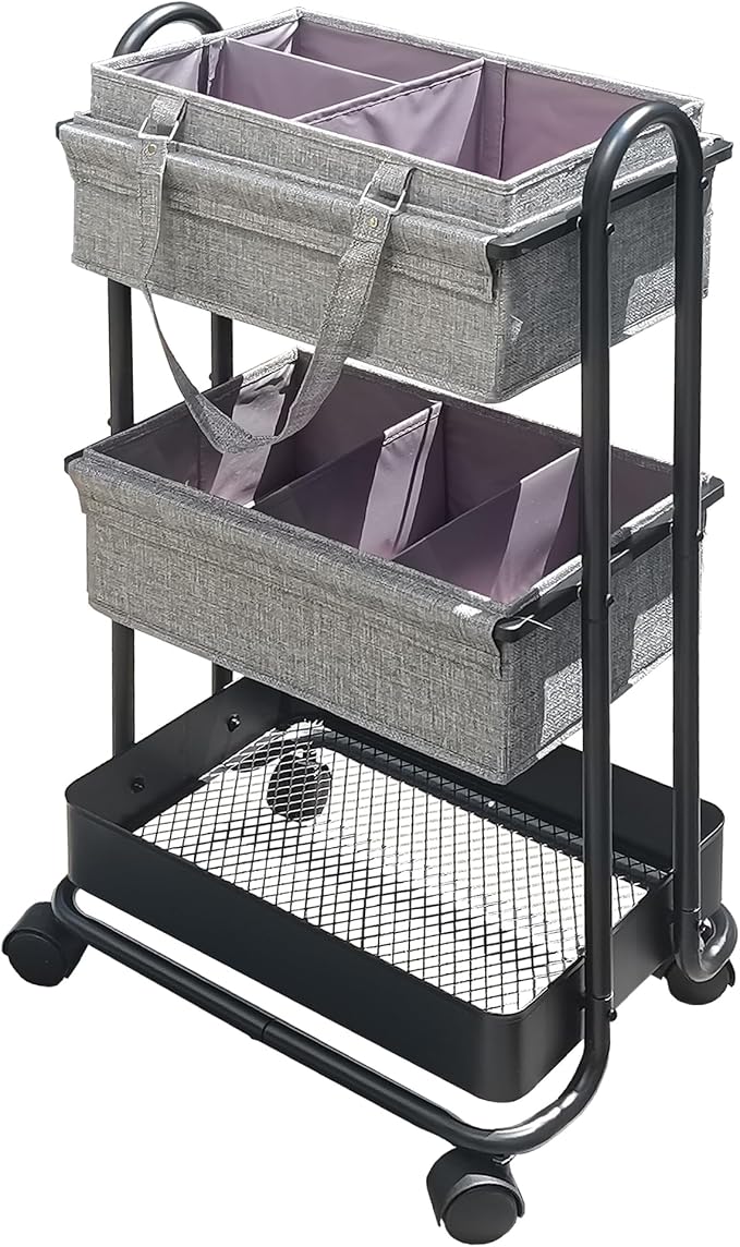 2In1 Baby Diaper Caddy Organizer with Dividers,3-Tier Diaper Rolling Cart,Mobile Metal Utility Cart for Baby Nursery,Baby Bedside Cart, Large Capacity Black - Image 7