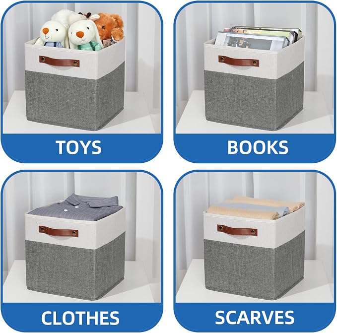 Temary Cube Storage Bins 4 Pack Storage Cubes 11?11 Fabric Storage Bins Foldable Cube Storage Baskets with Handles, Collapsible Storage Basket for Shelf (White & Grey, 11 x 11 x 11) - Image 4