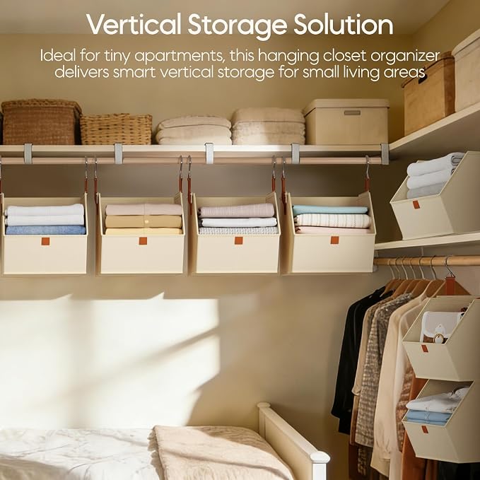 Collapsible Hanging Closet Organizer - 3 Tier Closet Shelves Storage System with Hooks, Fabric Hanging Storage Bins for Clothes, Foldable Storage Basket for Laundry, Bedroom, Rv, Beige - Image 2