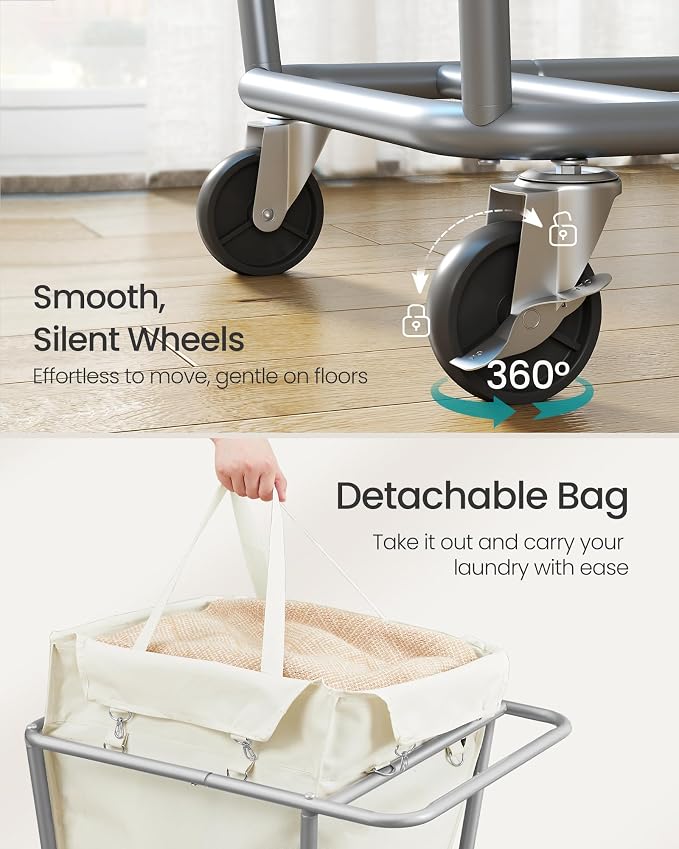 SONGMICS Laundry Basket with Wheels, 34.3 Gallons (130 L) Rolling Laundry Hamper with Removable Bag, Heavy-Duty Steel Frame, Cream White URLS008W01 - Image 5