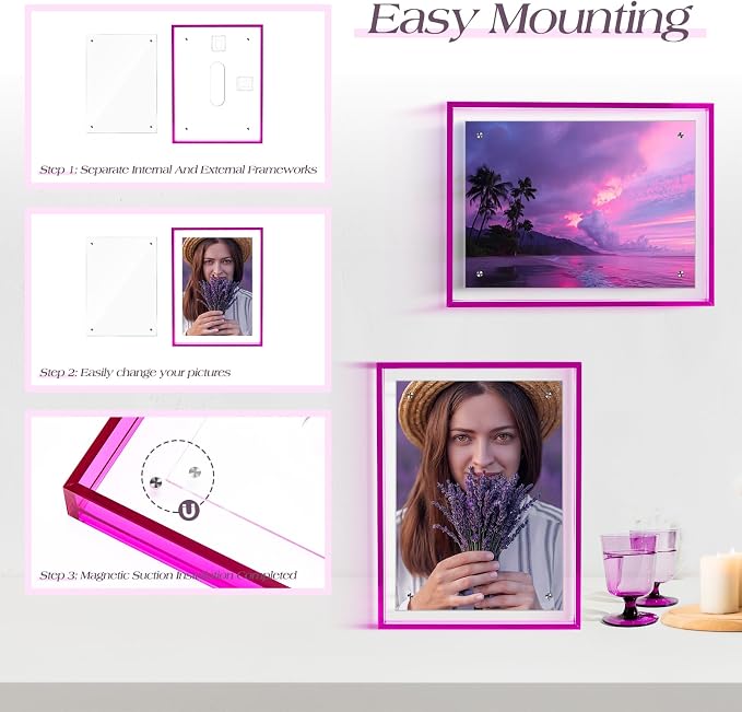 8x10 Picture Frame Magnetic Colored Acrylic Photo Frame Self Standing | Wall Mounting/Tabletop Display, Purple Floating Picture Frame, 8x10/8x8/6x8, Horizontal and Vertical Formats (1 Pack) - Image 5