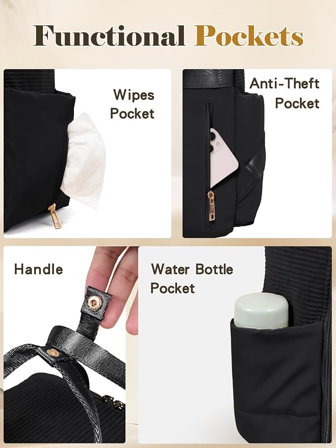 MOMINSIDE Diaper Bag Backpack - Baby Essentials Travel Tote - Baby Diaper Bag, Travel Essentials Baby Bag Diaper Bags with Changing Pad, Stroller Straps，15 Pockets,4 Insulated Pockets,Black - Image 4