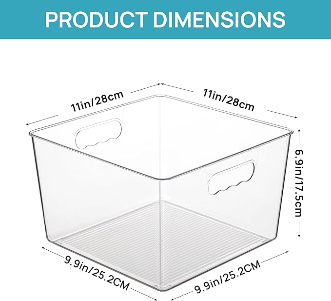 Vtopmart 4 Pack Extra Large Clear Storage Bins, 11x11 Cube Organizer | Acrylic Cube Storage Bins, Plastic Containers with Handle for Pantry, Kitchen, Closet, Laundry Room, Bathroom, Under Sink - Image 2