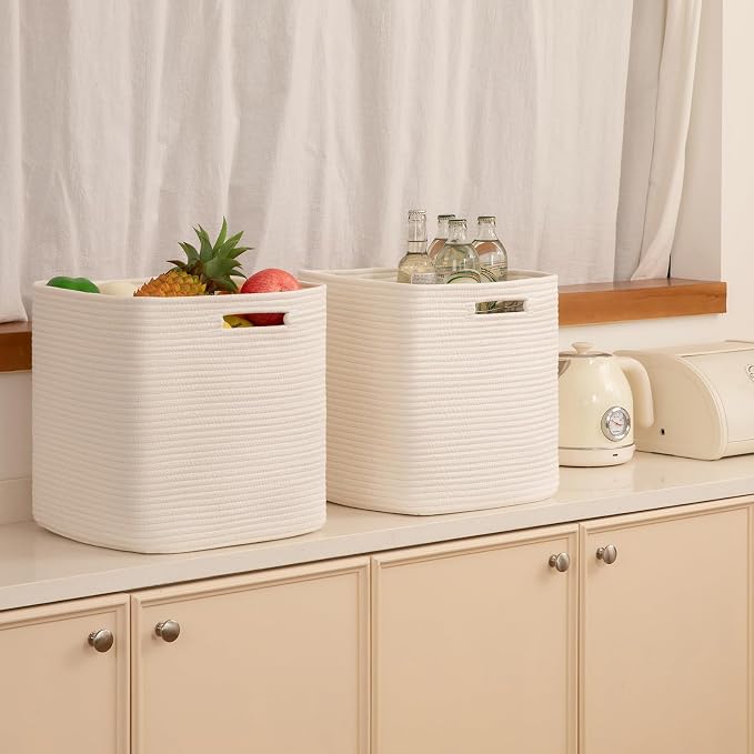 OIAHOMY 3 PACK Cube Storage Bin 13 Inch Collapsible Storage Cube White | Cube Storage Organizer Storage Bins for Shelves Baskets for Organizing Woven Rope Storage Baskets - Image 6
