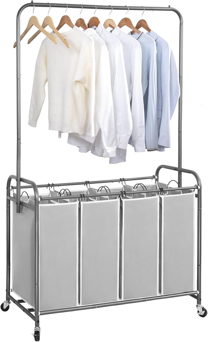 STORAGE MANIAC Laundry Sorter with Hanging Bar, Portable, Removable Laundry Hamper Cart with Heavy Duty Lockable Wheels and Removable Bags, Rolling Laundry Basket Organizer 181L, 4 Section Gray by STORAGEMANIAC