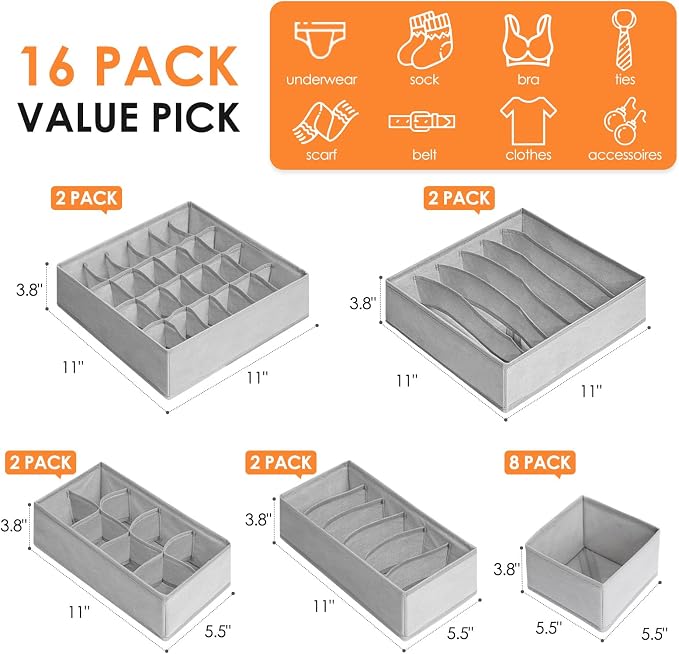 16 Pack Sock Underwear Drawer Organizer, 96 Cells Dresser Organizer for Baby Clothes, Foldable Fabric Closet Organization and Storage Dividers Bins for Nursery, Bedroom - Image 3