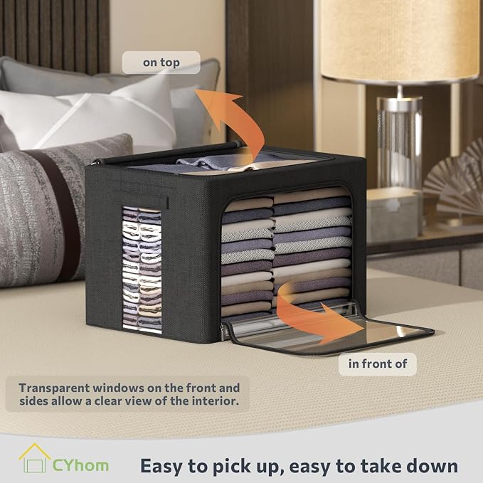 CYhom Extra Large Clothes Storage Bins Box - Linen Fabric Foldable Stackable Container Organizer Set with Clear Window & Carry Handles & Metal Frame (Black, Extra Large-100L) - Image 2