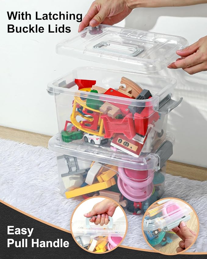 EOENVIVS Plastic Storage Bins 7 Quart-Storage Organizer Bins with Grey Buckle Lids, Stackable Storage Bins with Lids for Home Office Kids Room Closet School Art Supplies Organization,6 Packs, Clear - Image 5