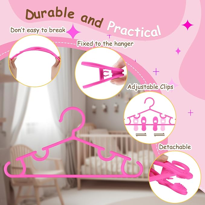 Hsei Baby Hanger with Clip for Pant,120 Packs Total,Hot Pink,10.6 Inch | 40 Kids Plastic Hanger with 80 Clips for Newborn, Nursery, Daycare, Preschool, Closet, Wardrobe Organizer for Baby Shower - Image 3