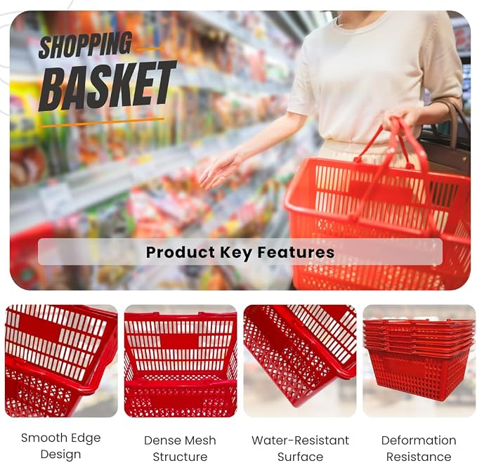 Stackable Plastic Shopping Baskets, Red and Blue, Easy-Grip Handles for Grocery, Retail, Liquor Stores, Home Use (4-pack, Red) - Image 2